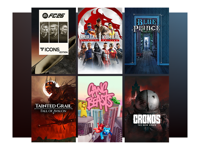 A grid of box art featuring EA SPORTS FC 26 ICONS Edition, Mortal Kombat 1: Definitive Edition, Blue Prince, and more games.