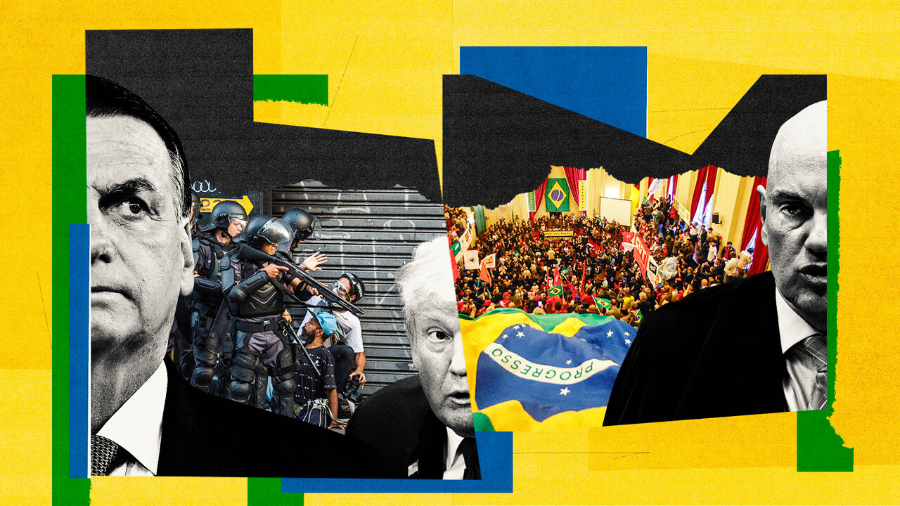 A photo collage featuring portraits of Bolsonaro, Trump, and Moraes, highlighting Brazil’s political divisions ahead of Bolsonaro’s trial.
