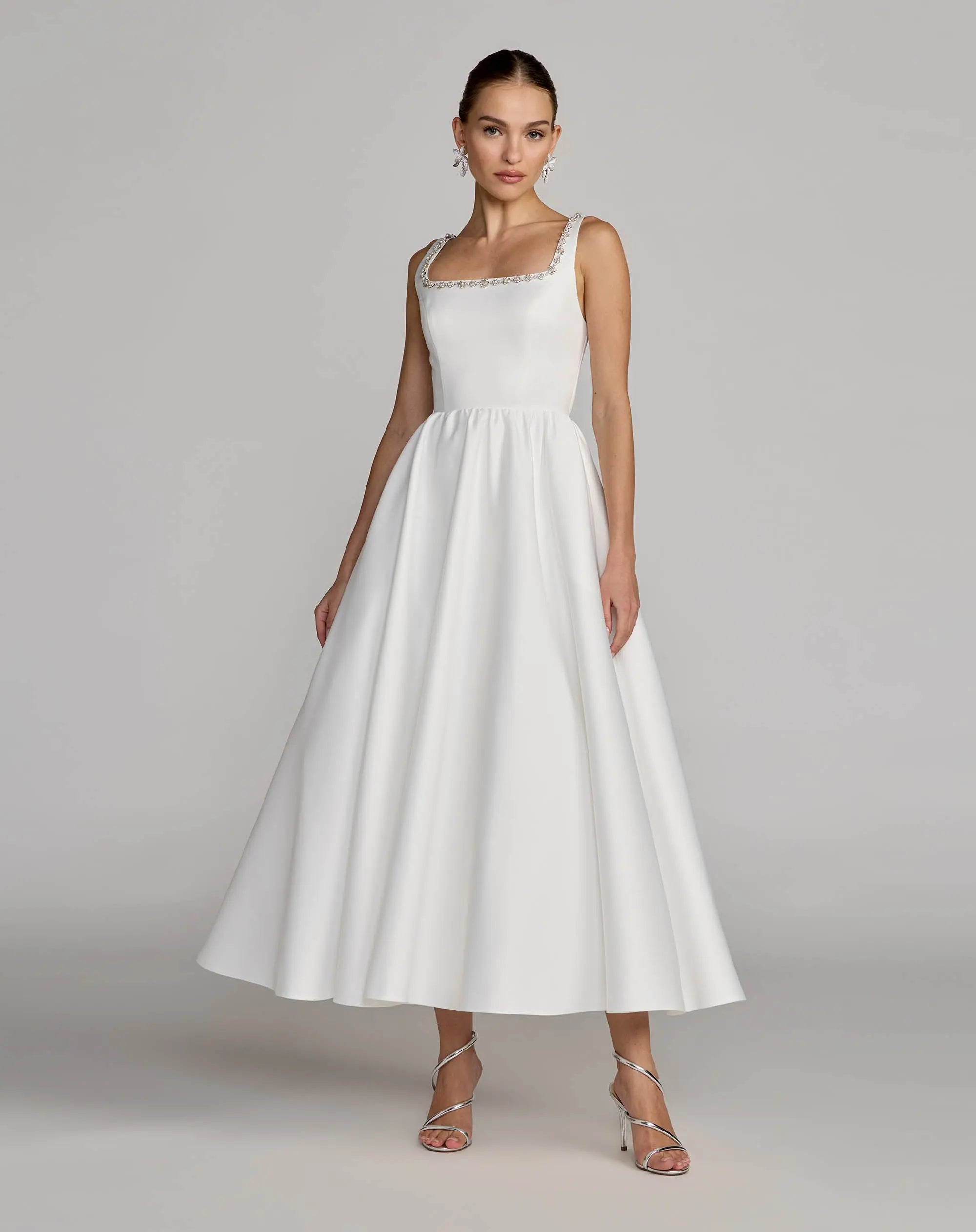 Image of White Embellished Square Neck A-Line Midi Dress