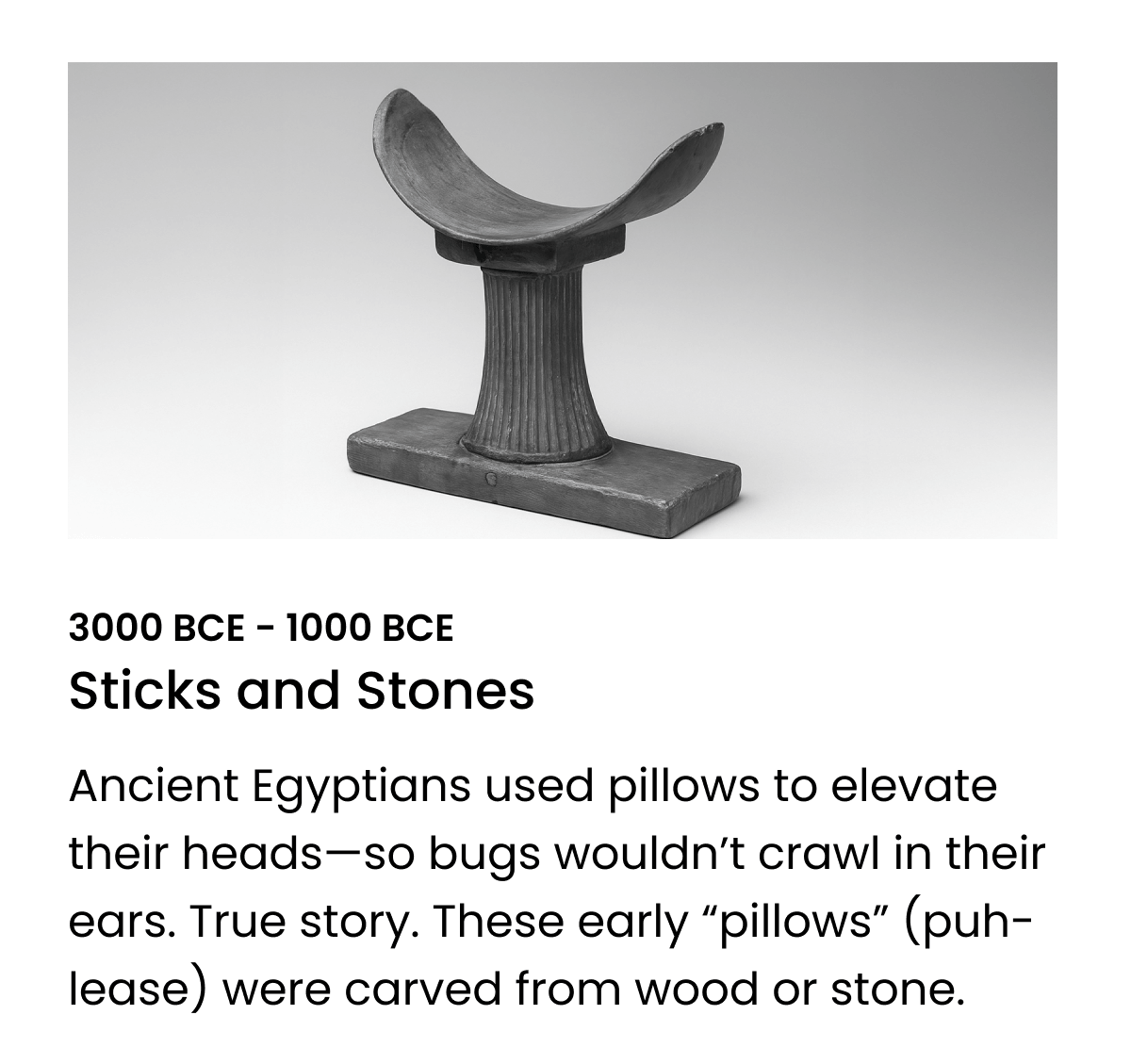 Ancient Egyptians used pillows to elevate their heads—so bugs wouldn’t crawl in their ears. True story. These early “pillows” (puh-lease) were carved from wood or stone.