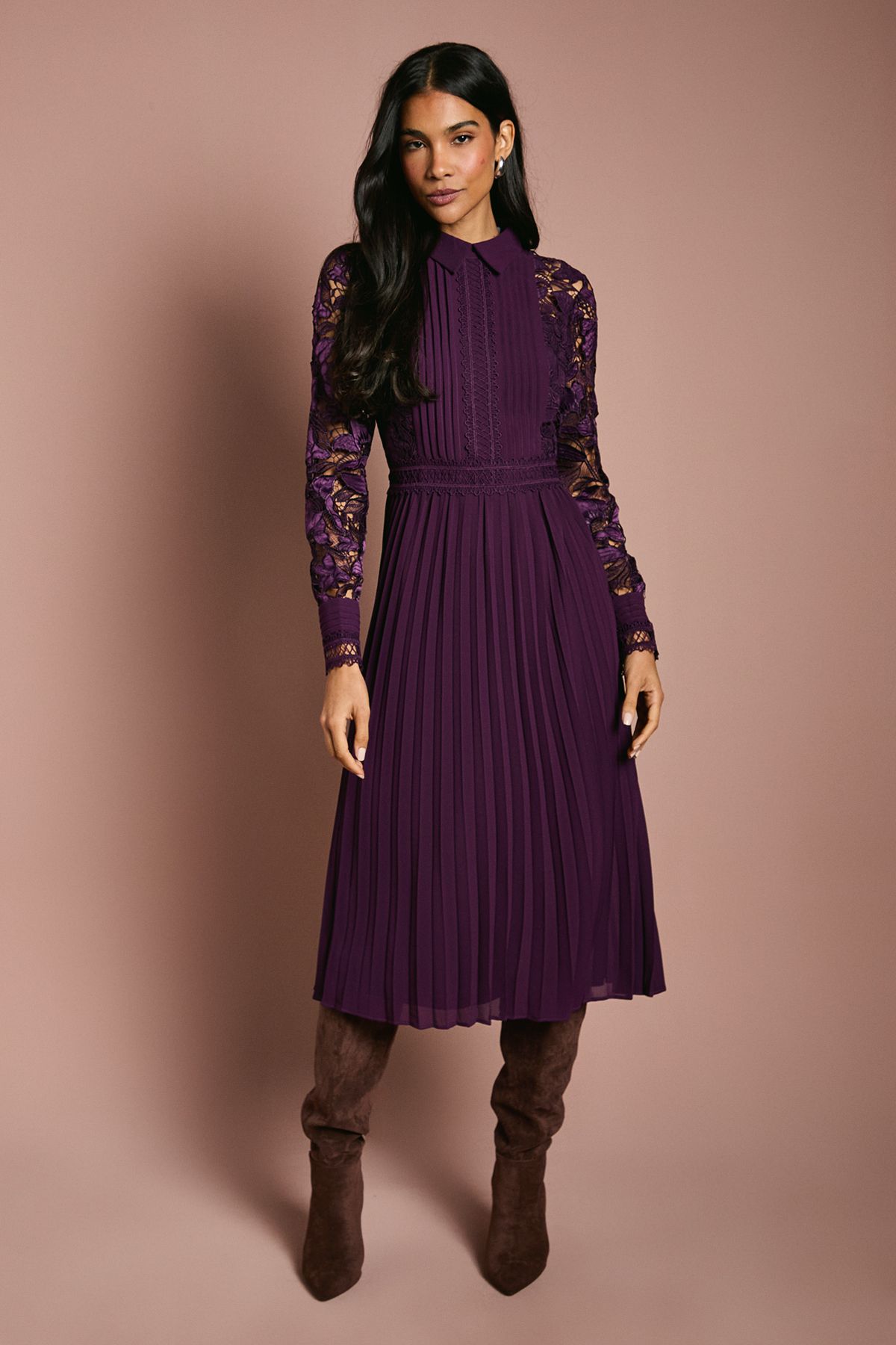 Long Sleeve Lace and Pleated Midi Shirt Dress