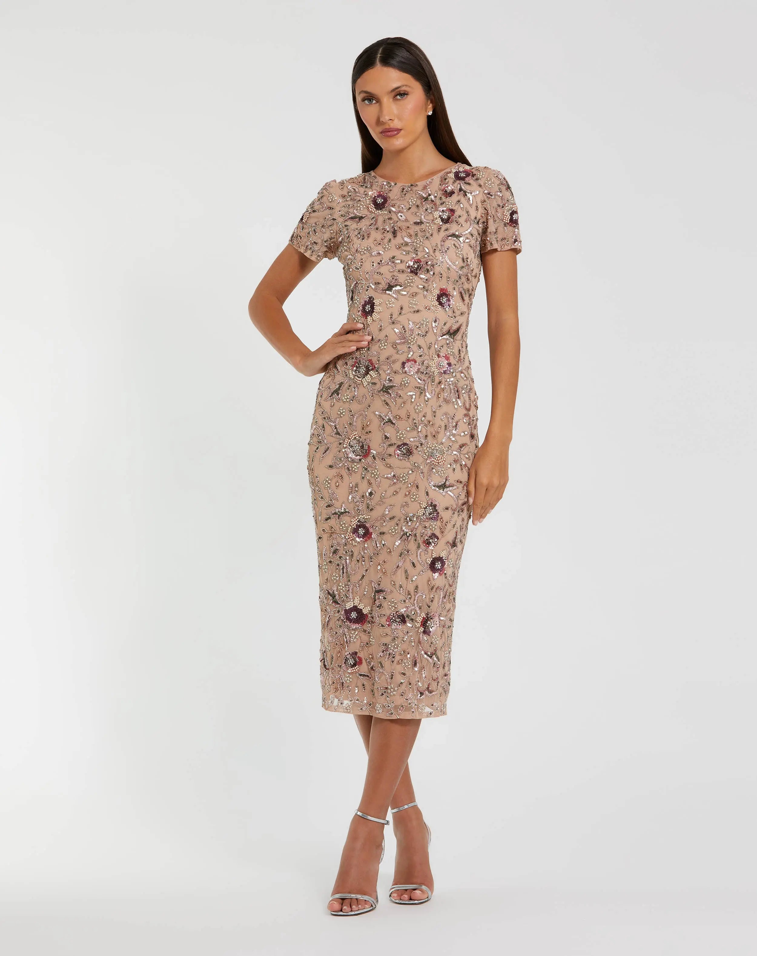 Image of Beige Floral Embellished Short Sleeve Midi Dress