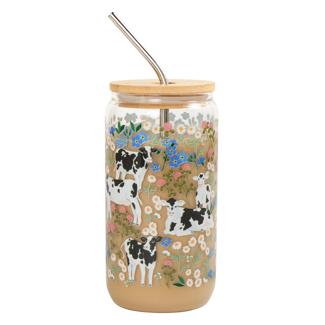 Image of Milk Cows & Flowers Glass Can