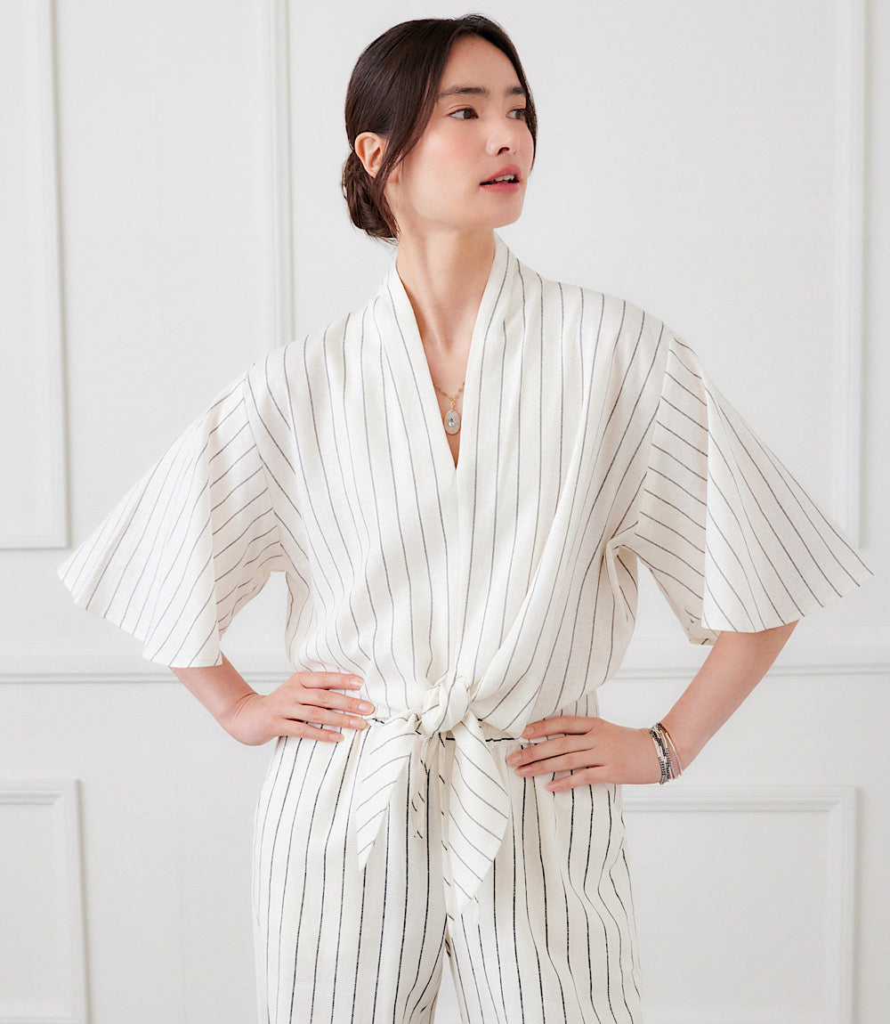 Image of Linen Blend Stripe Flare Sleeve Tie-Front Top