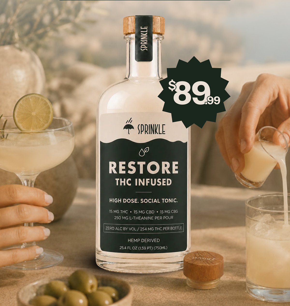 Bottle of Restore THC infused tonic with price tag and cocktails in the background.