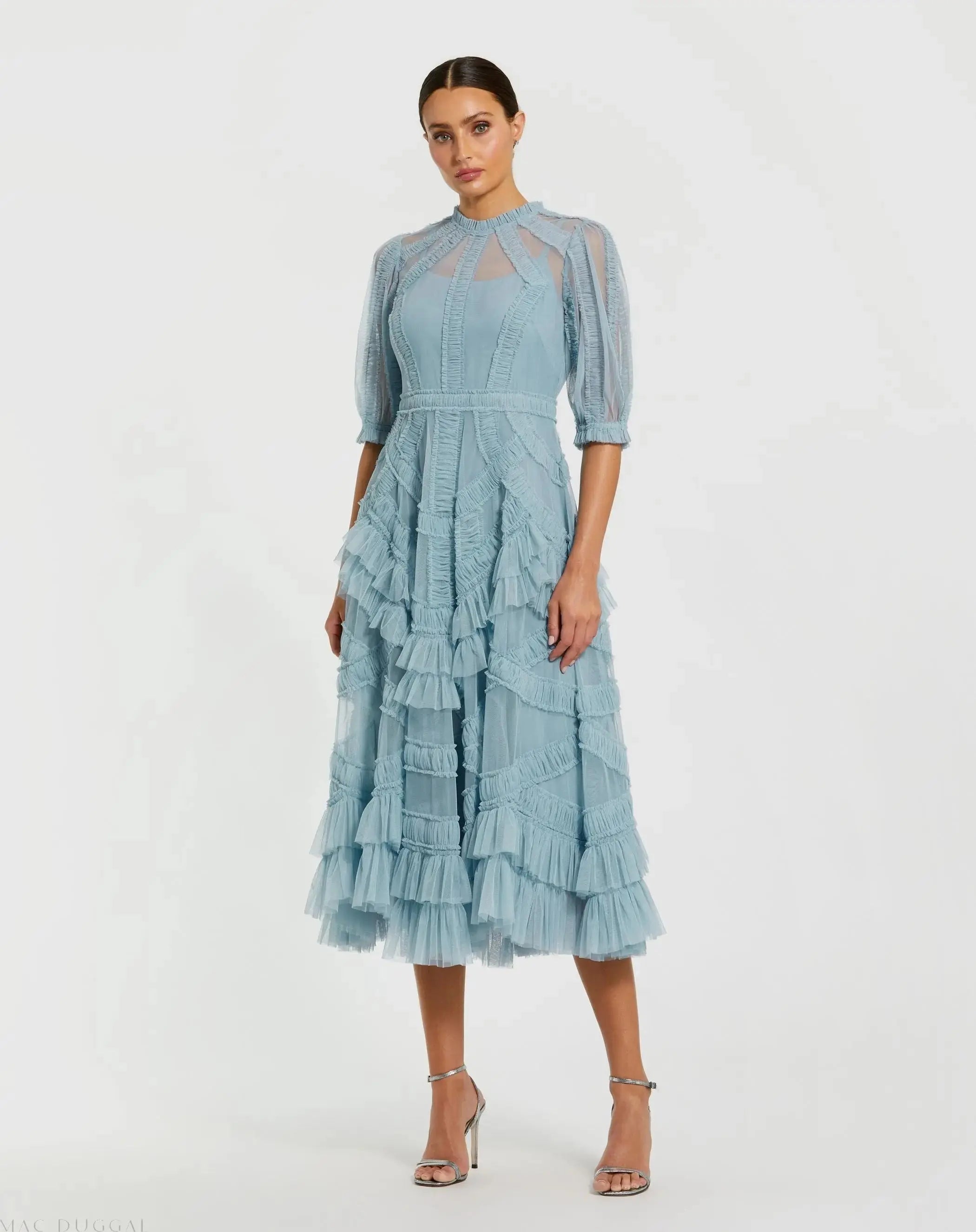 Image of Blue High Neck Ruffle Tiered A-Line Midi Dress