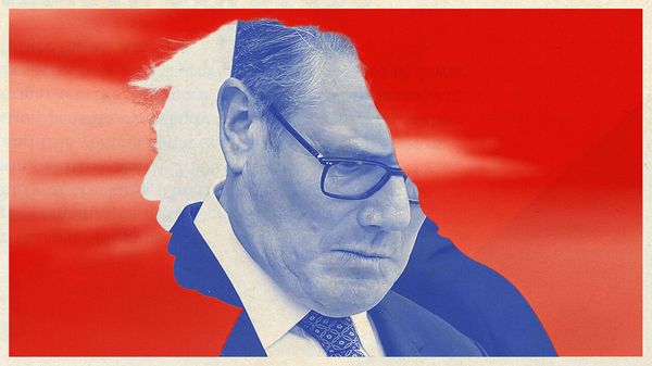 A collage of Keir Starmer in the figure of Donald Trump. The colours are blue and red.