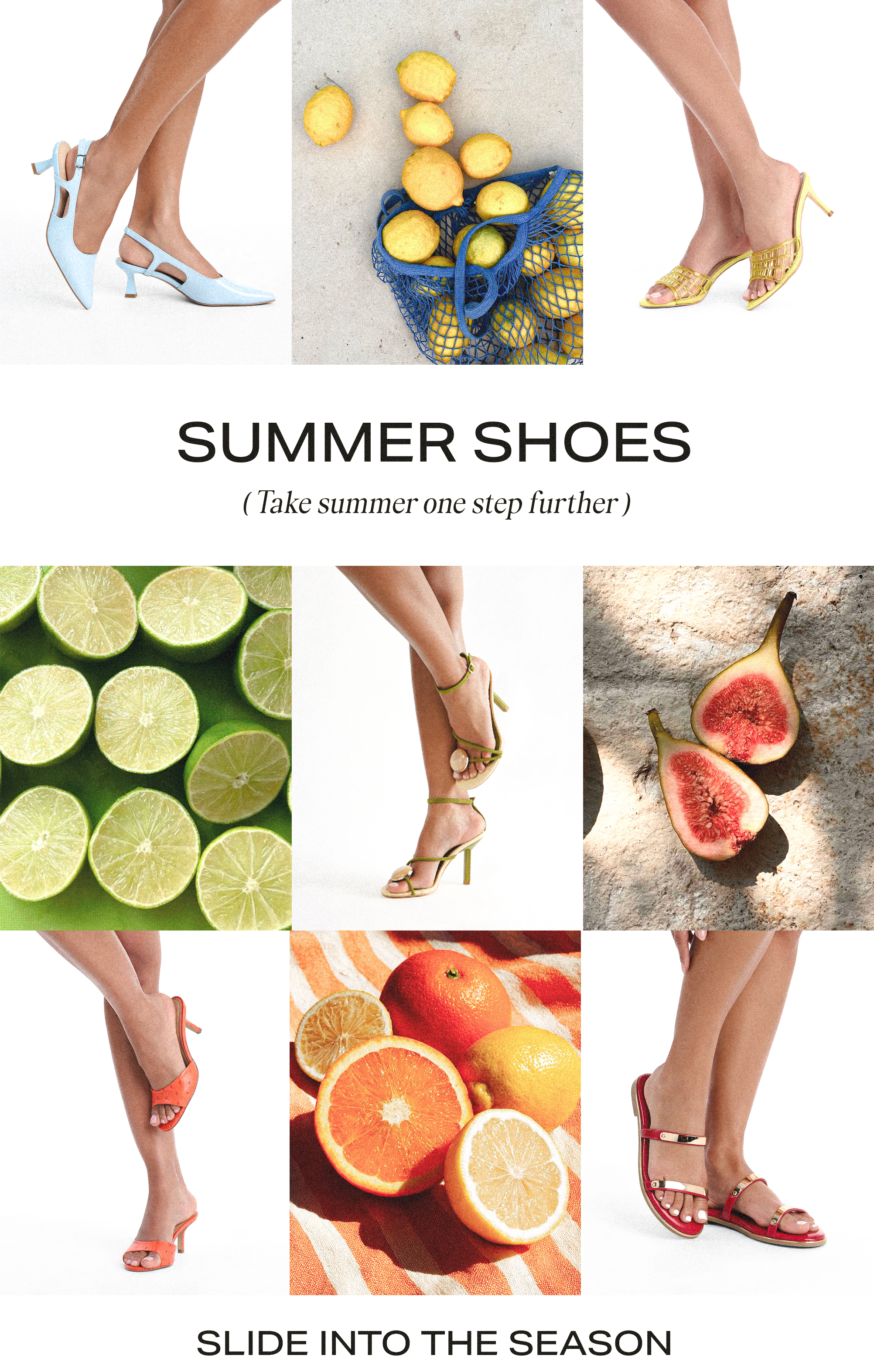 Colorful summer shoes: blue slingbacks, yellow mules, orange heels, red sandals, with citrus and figs. Shop the new season's collection!