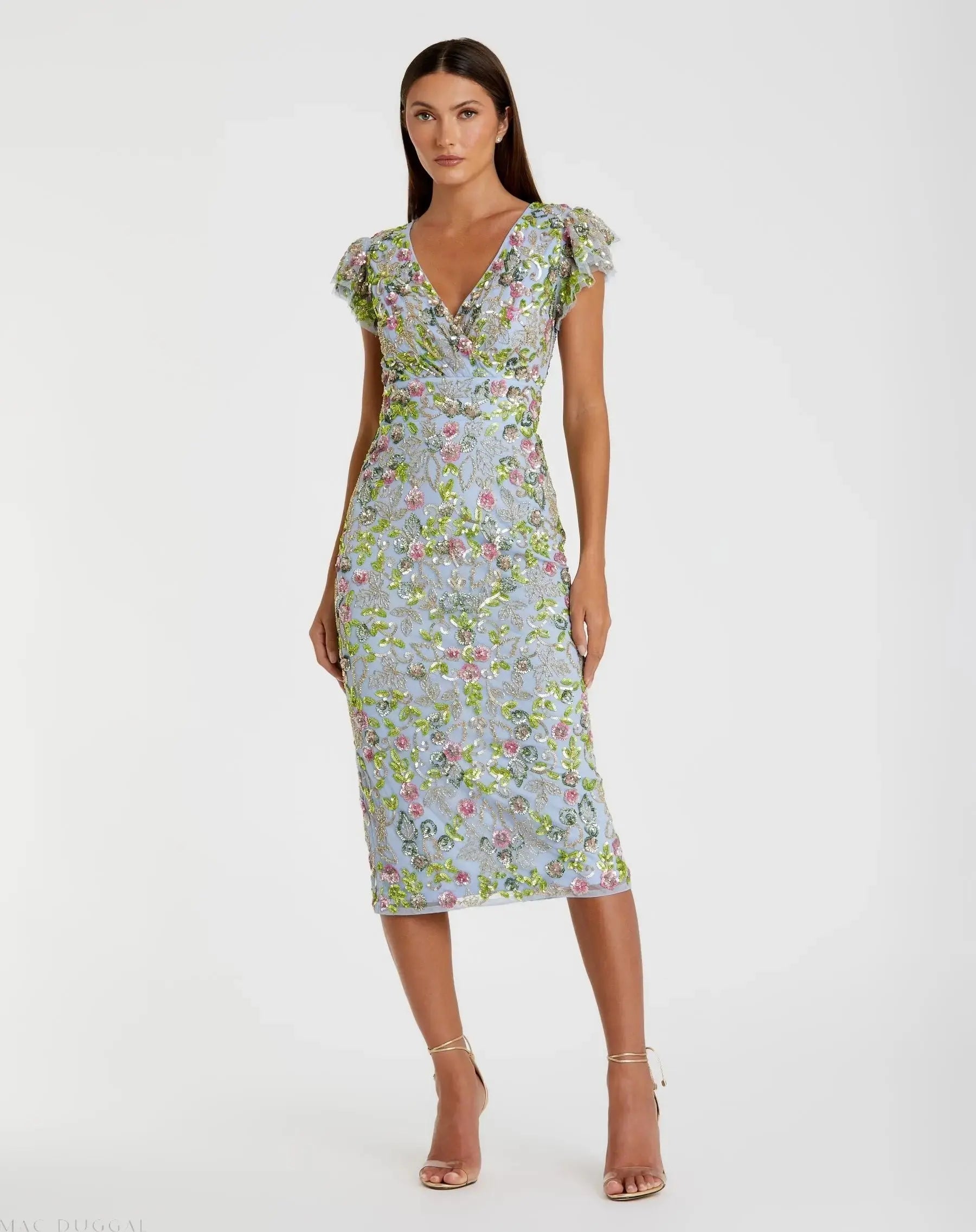 Image of Blue Floral Sequin Embellished Flutter Cap Sleeve Dress