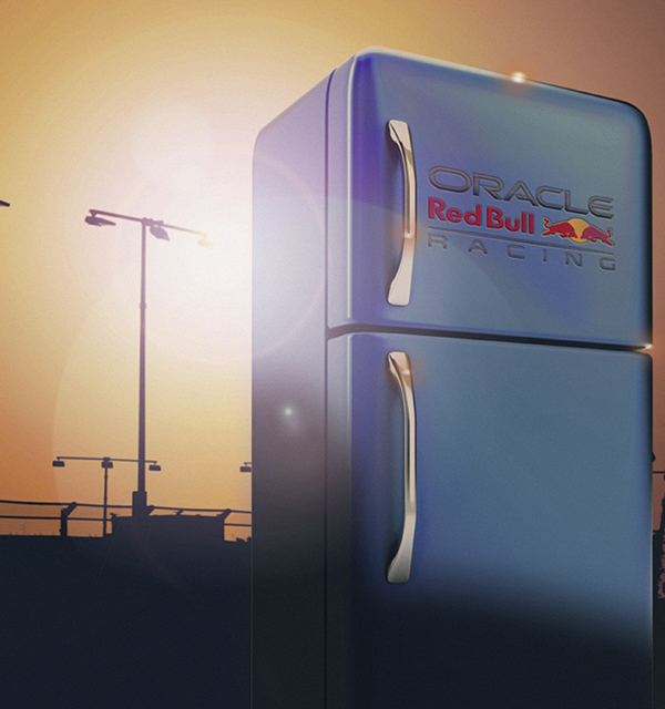 Blue fridge with Orcale Red Bull Racing logo against sunset background