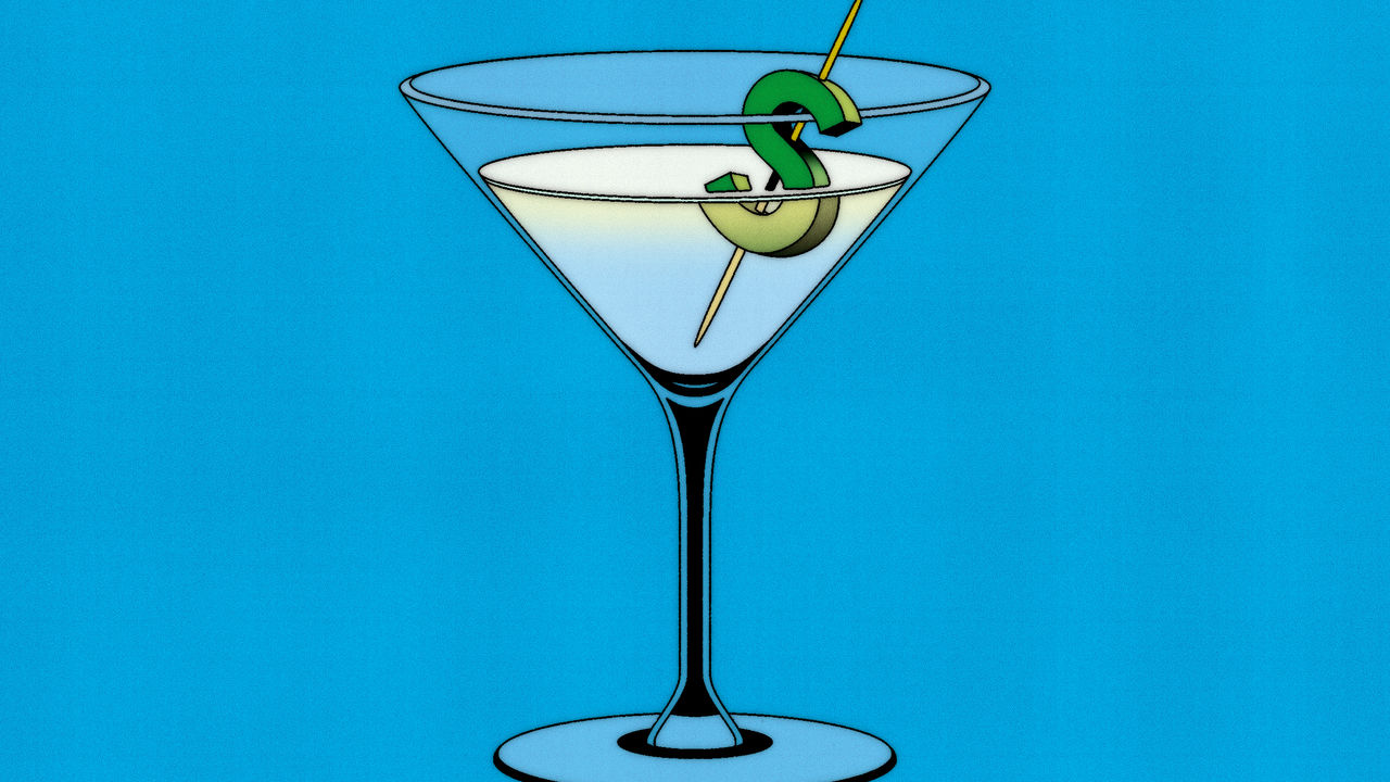 Illustration of a martini with an olive in it that's shaped like a dollar sign