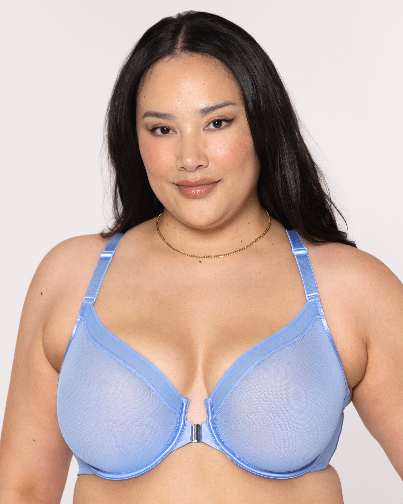 Image of Sheer Mesh Front-Close Racerback Unlined Bra - Denim Blue