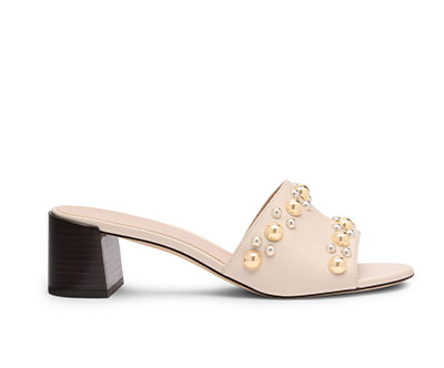 Perry Slide Sandal 50 in Linen & Maroon Leather