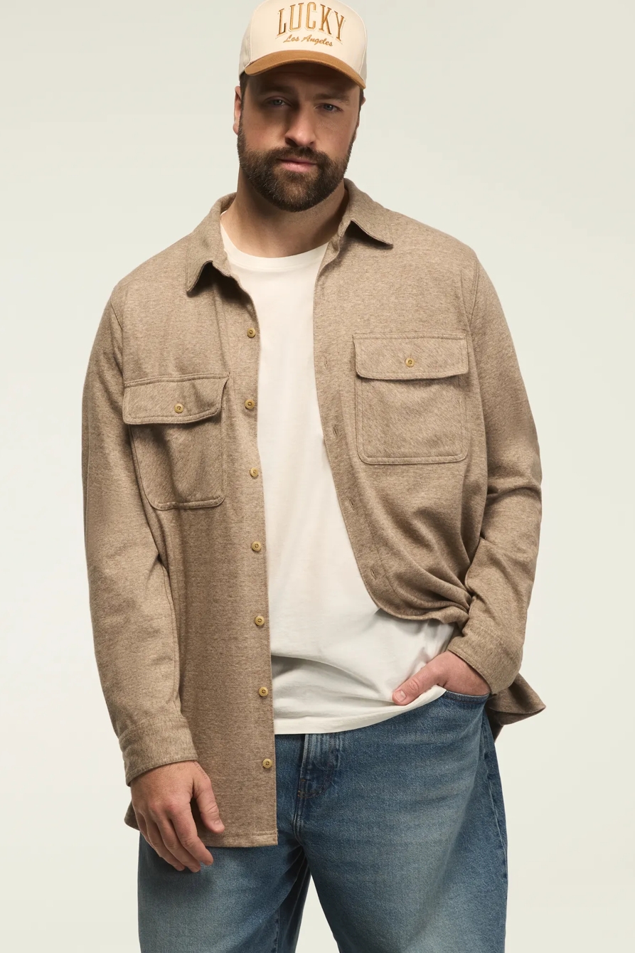 Image of Lucky Brand Big And Tall Double Faced Soft Plaid Knit Shirt - Men's Clothing Outerwear Shirt Jackets in Taupe Heather