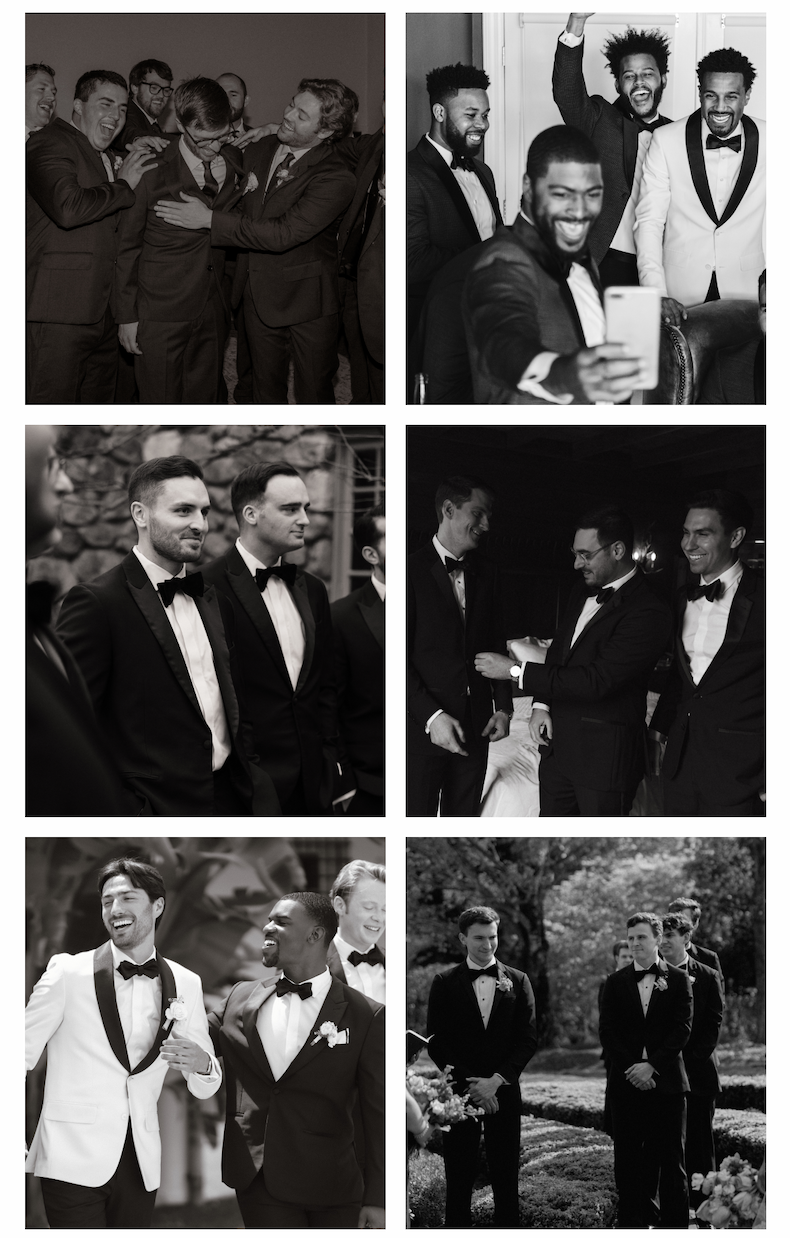 Black-and-white collage of groomsmen celebrating and getting ready in tuxedos at a wedding.