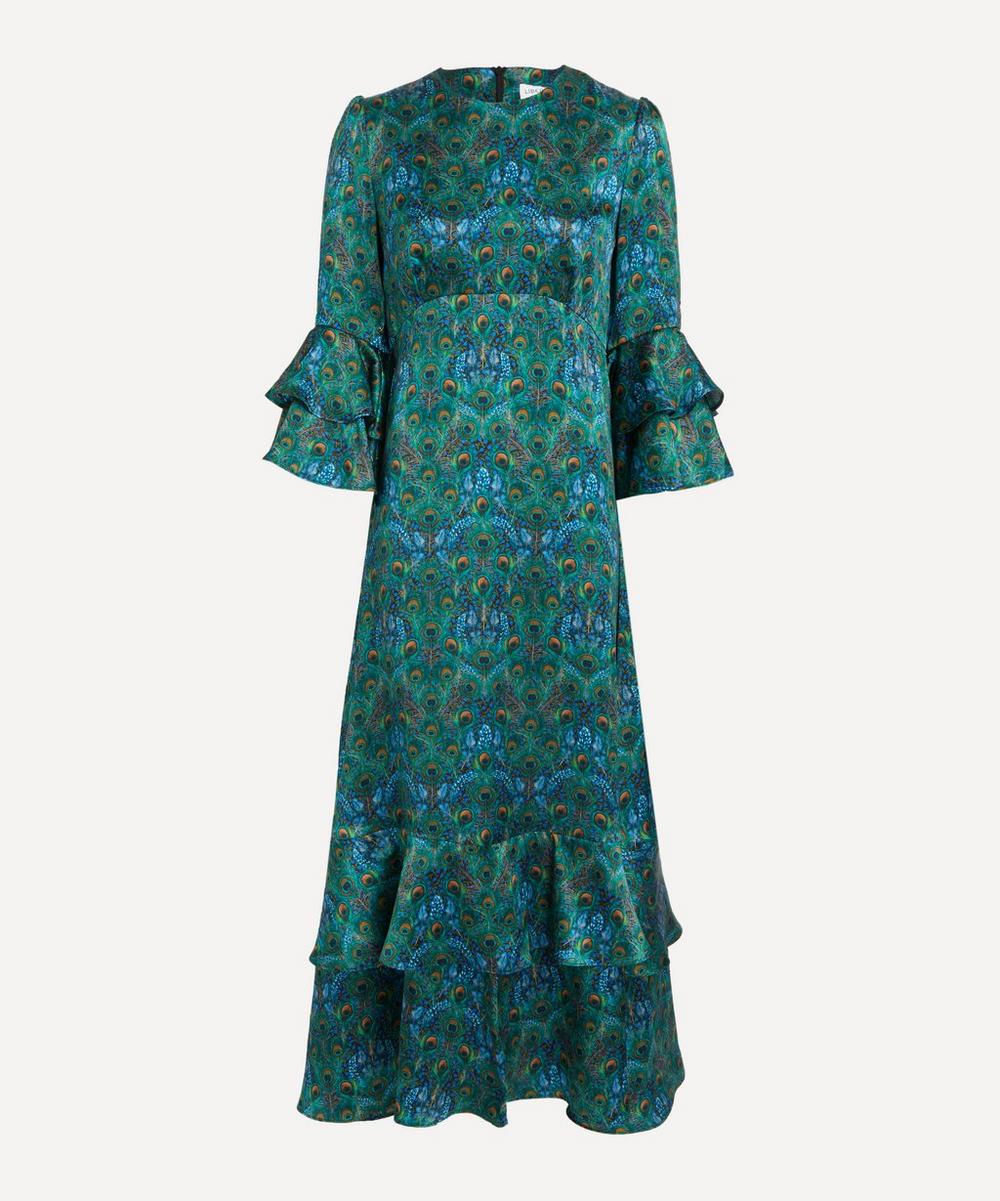 Liberty Peacock Manor Silk Satin Gala Maxi Dress