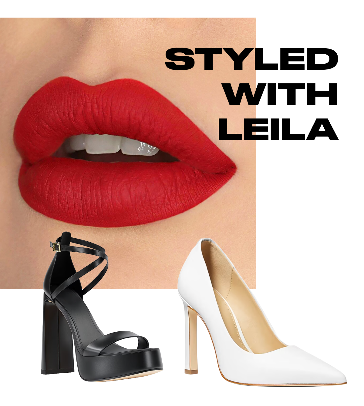 Red lips with two pairs of high heels: black strappy and white pointed.