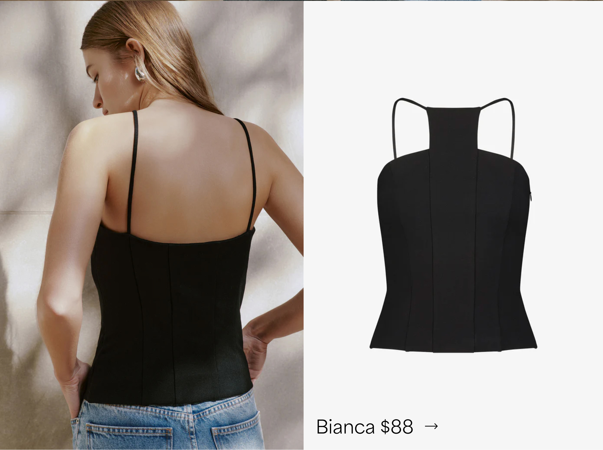 Back view of The Bianca Top on Bianca alongside a product image, labeled “Bianca $88.”