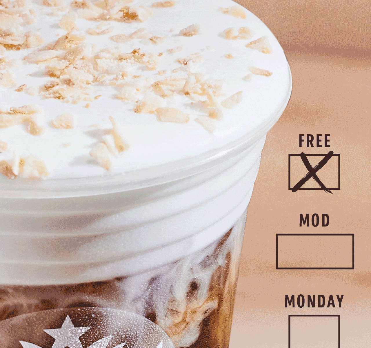 A GIF cycles through three drink close-ups. On the side of the image, checkboxes read "Free," "Mod," and "Monday."