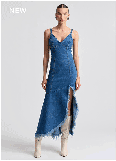 Stretch Denim Frayed Hem Maxi Dress