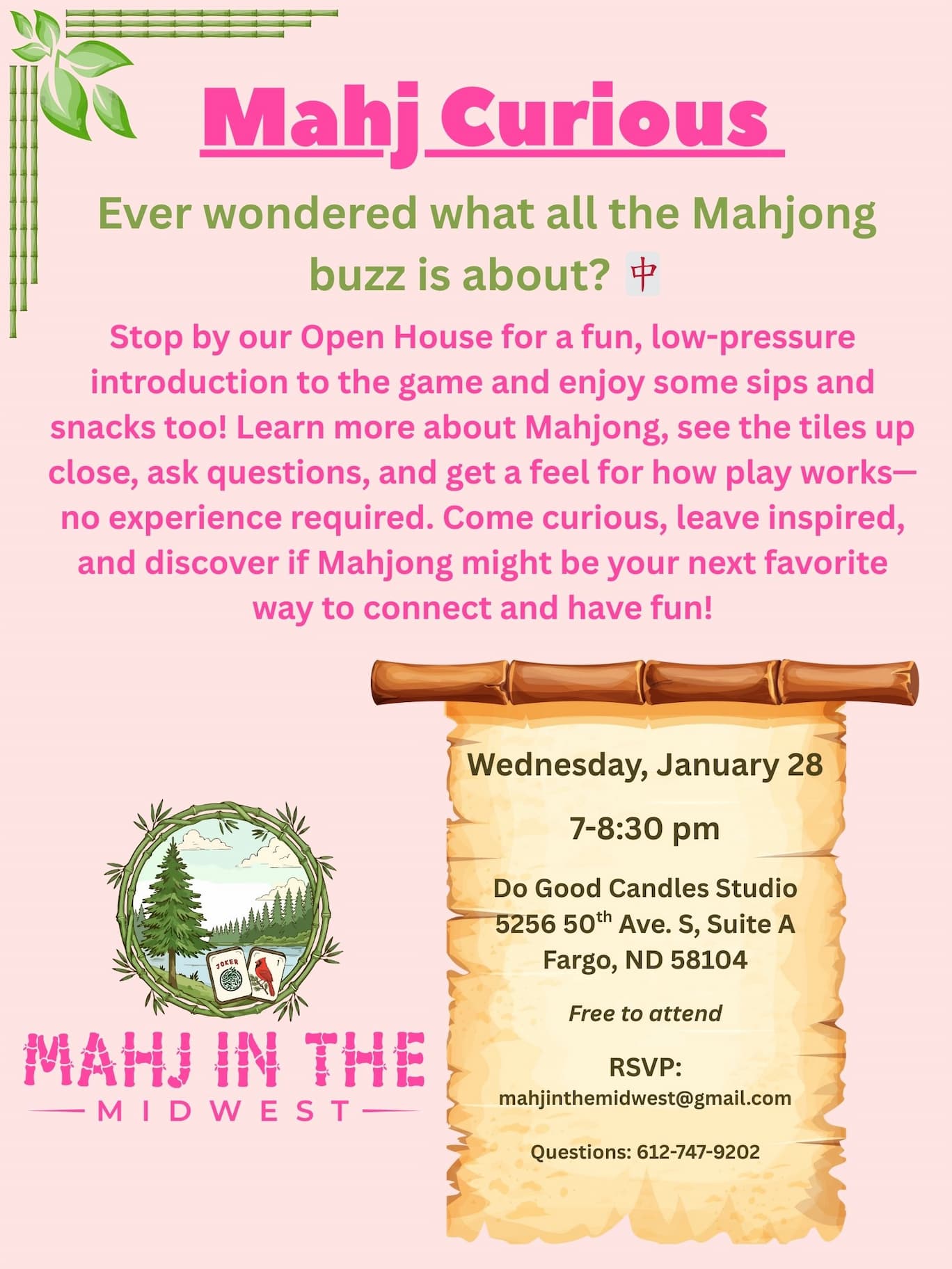 graphic with all the details for our Mahjong Curios event on Wednesday, January 28 at 7:00 pm,  Open House