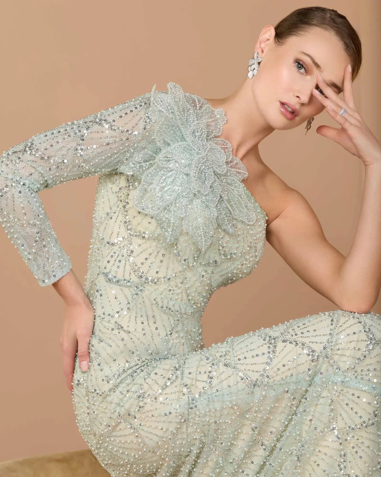 Image of Green One Shoulder Embellished Gown With Floral Accent
