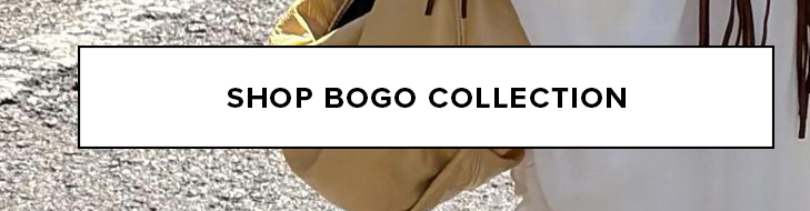 "Shop BOGO Collection" banner for a buy one get one free clothing event. Features a tan jacket and white fringed top.