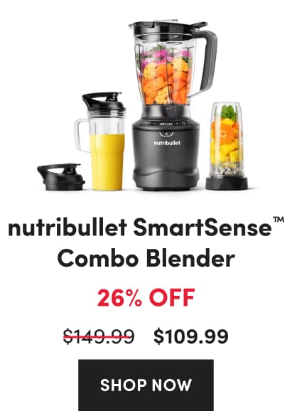 A grey nutribullet SmartSense™Combo Blender with a digital display stands next to cups of yellow smoothie and citrus fruit.