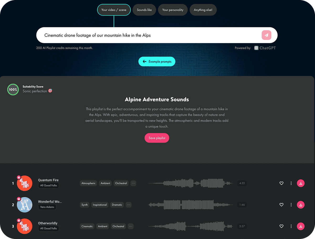 Image of the AI Playlist Generator search bar on Uppbeat, with a generated playlist. 