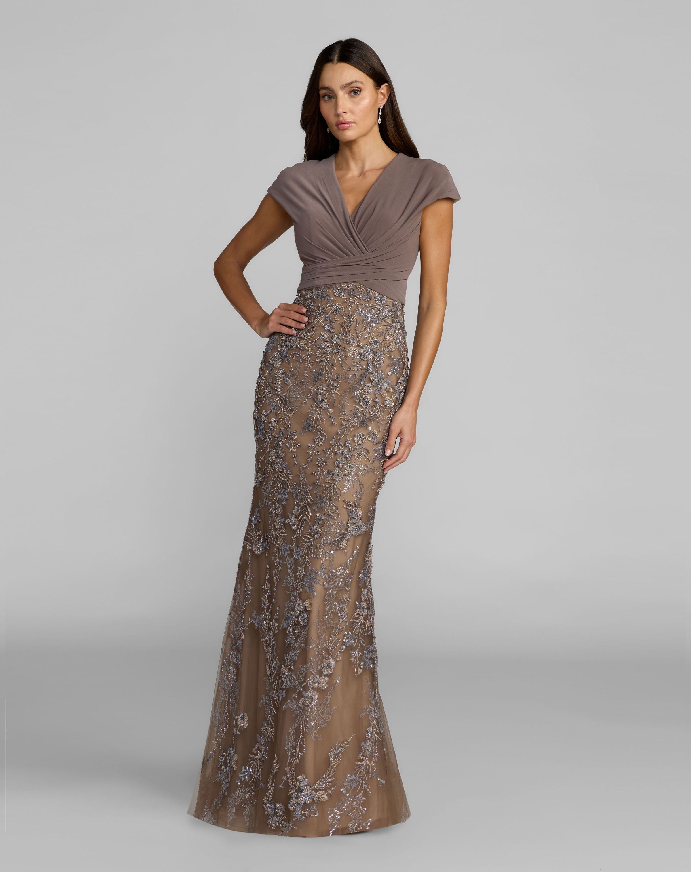 Image of Beige Jersey Wrap Top Floral Sequin Gown