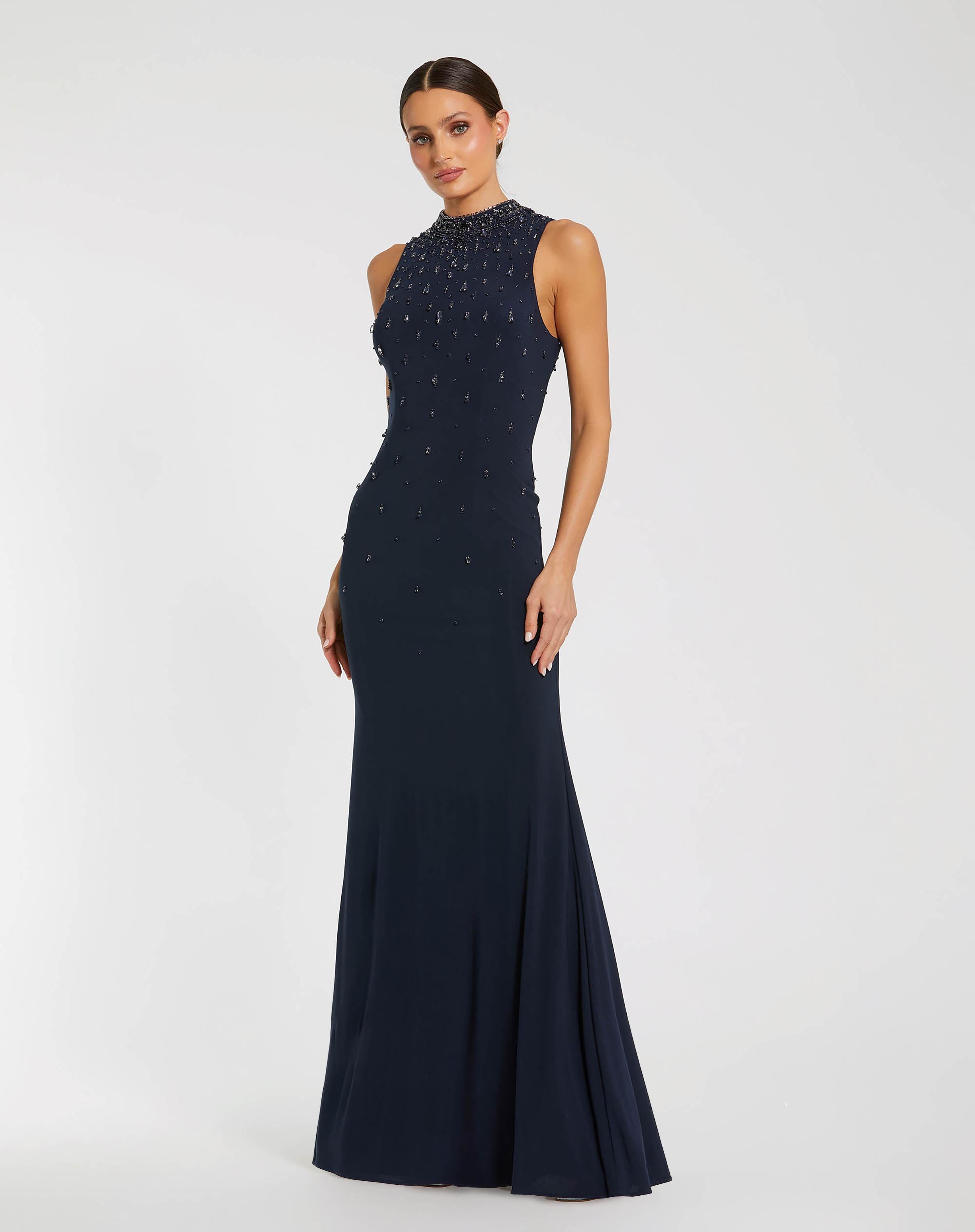 Image of Navy Rhinestone Embellished Sleeveless Crepe Gown