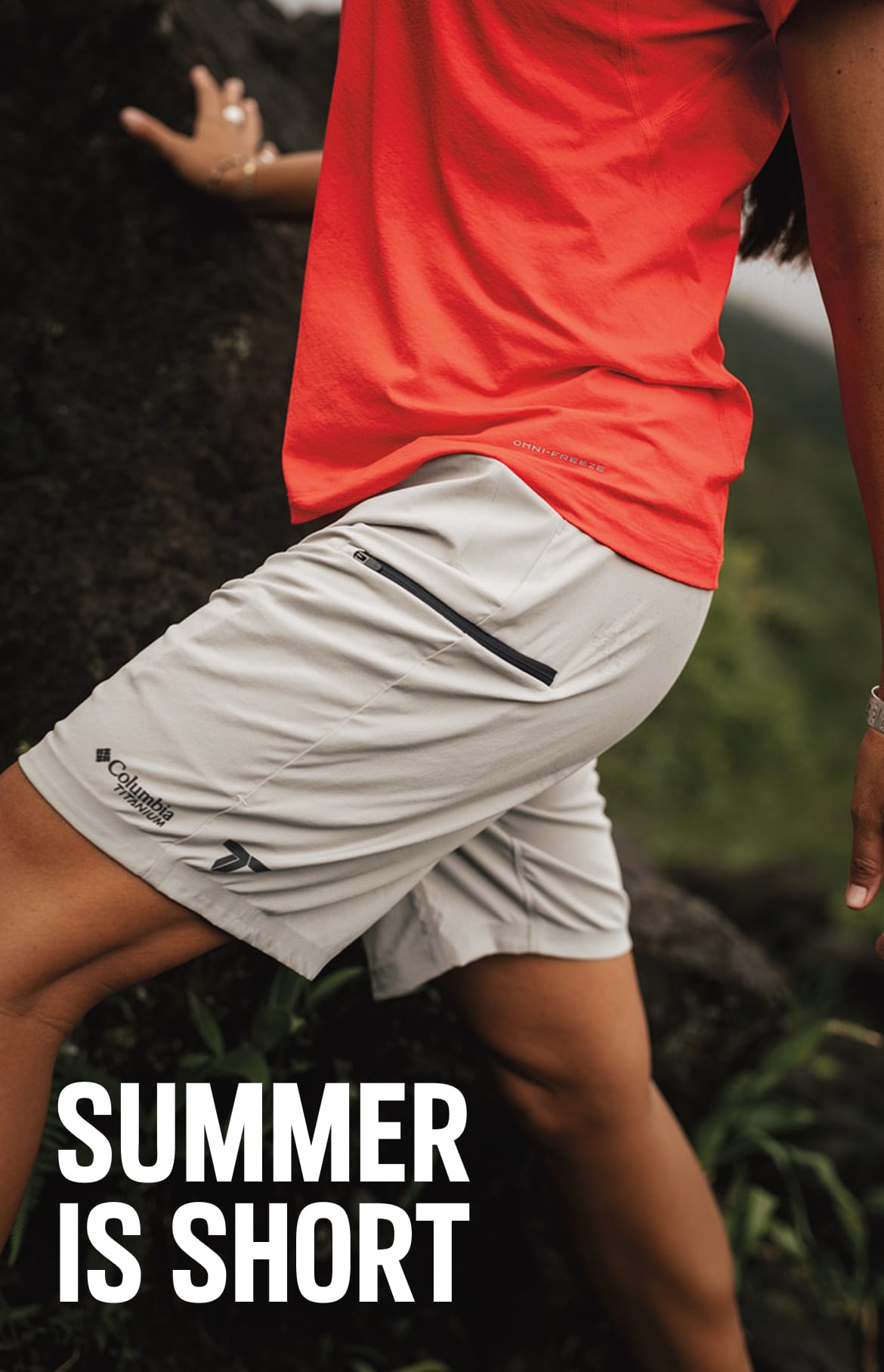 A woman hiking with text that says SUMMER IS SHORT