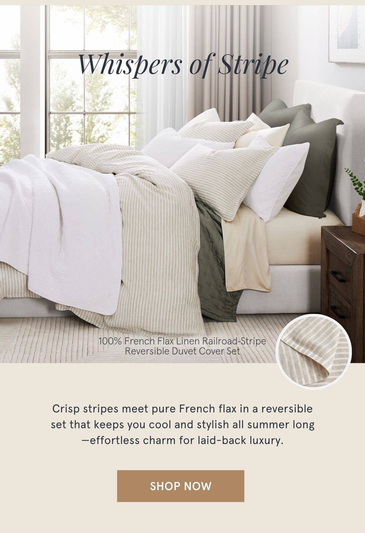 100% French Flax Linen Railroad‑Stripe Reversible Duvet Cover Set