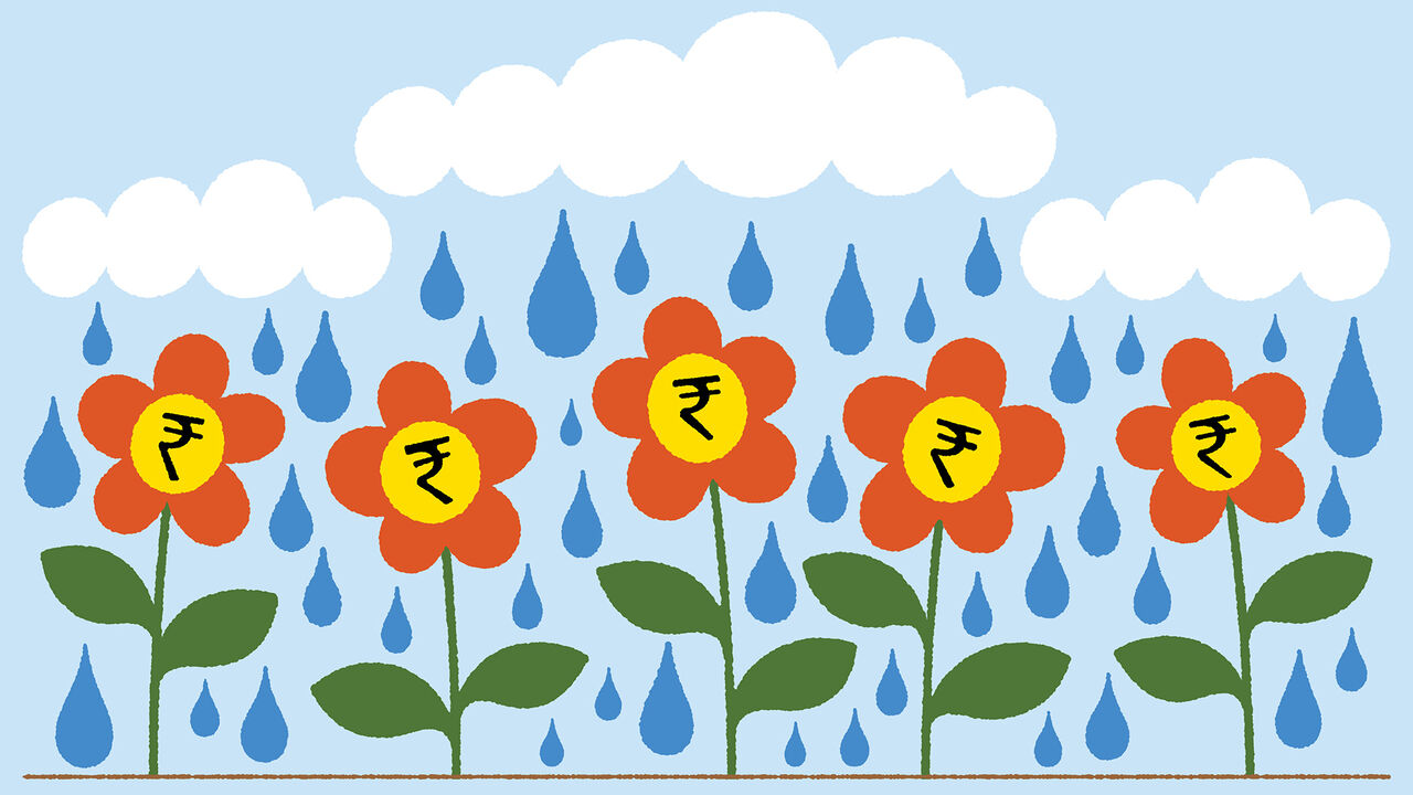 Illustration of flowers with Rupee coins as the centres being rained on