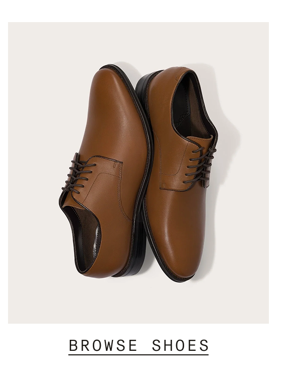 Overhead flat-lay of a pair of tan leather lace-up derby shoes with dark brown laces and black soles. Text reads: "BROWSE SHOES"