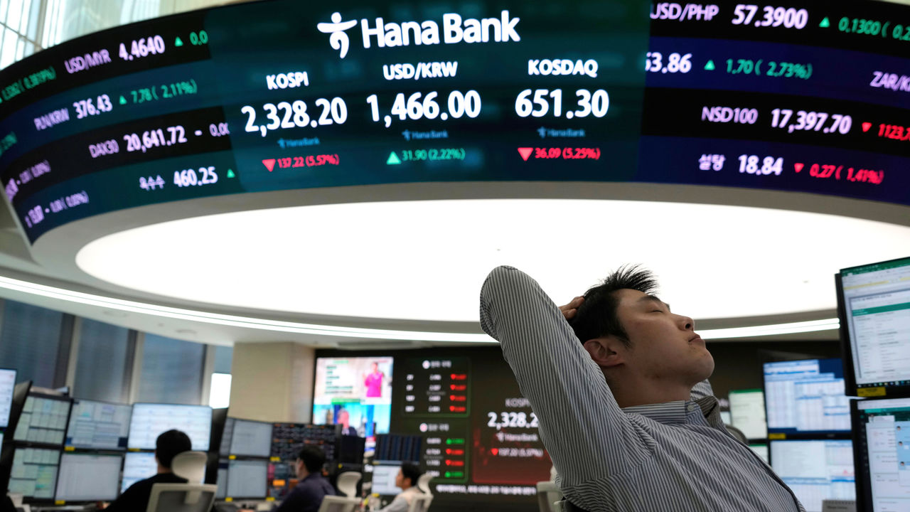 A currency trader reacts with shock, near a screen showing the Korea Composite Stock Price Index.