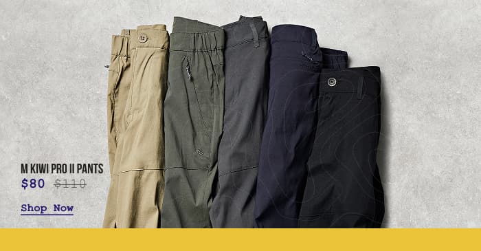 Studio photo flatlay of Men's Kiwi Pro II pants in a variety of colors.