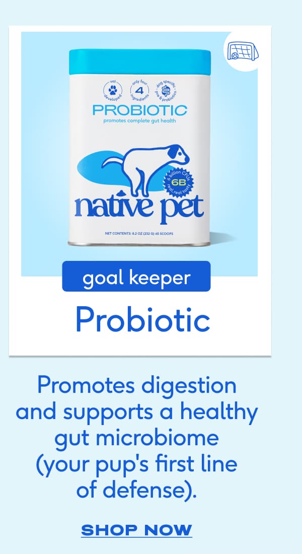goal keeper Probiotic Promotes digestion and supports a healthy gut microbiome (your pup's first line of defense). SHOP NOW