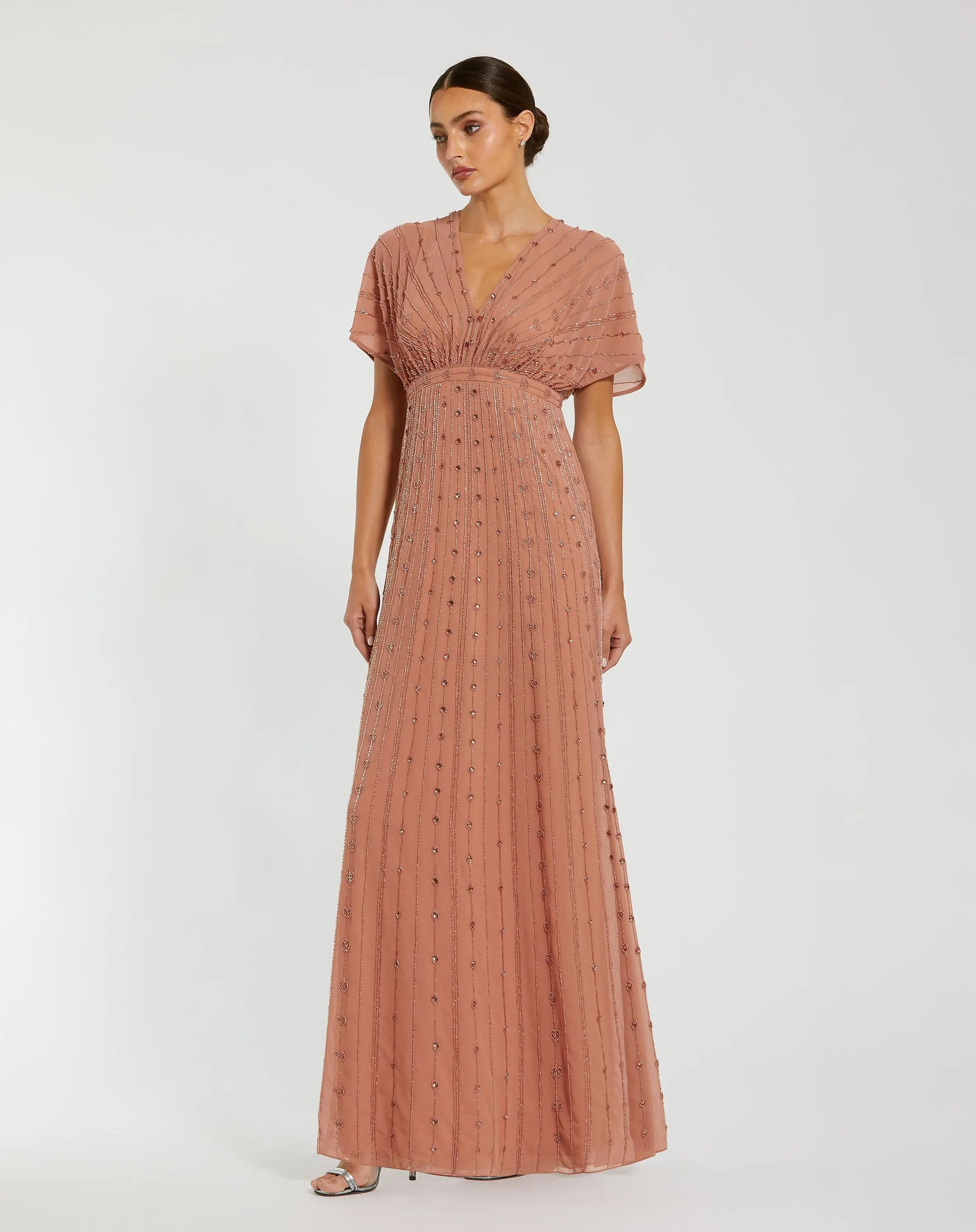Image of Pink Beaded Short Sleeve V-Neck Gown