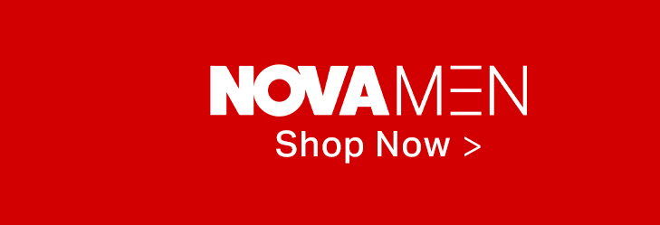 Bold red banner displaying white 'NOVA MEN' branding with 'Shop Now >' text, inviting users to browse men's fashion and clothing.