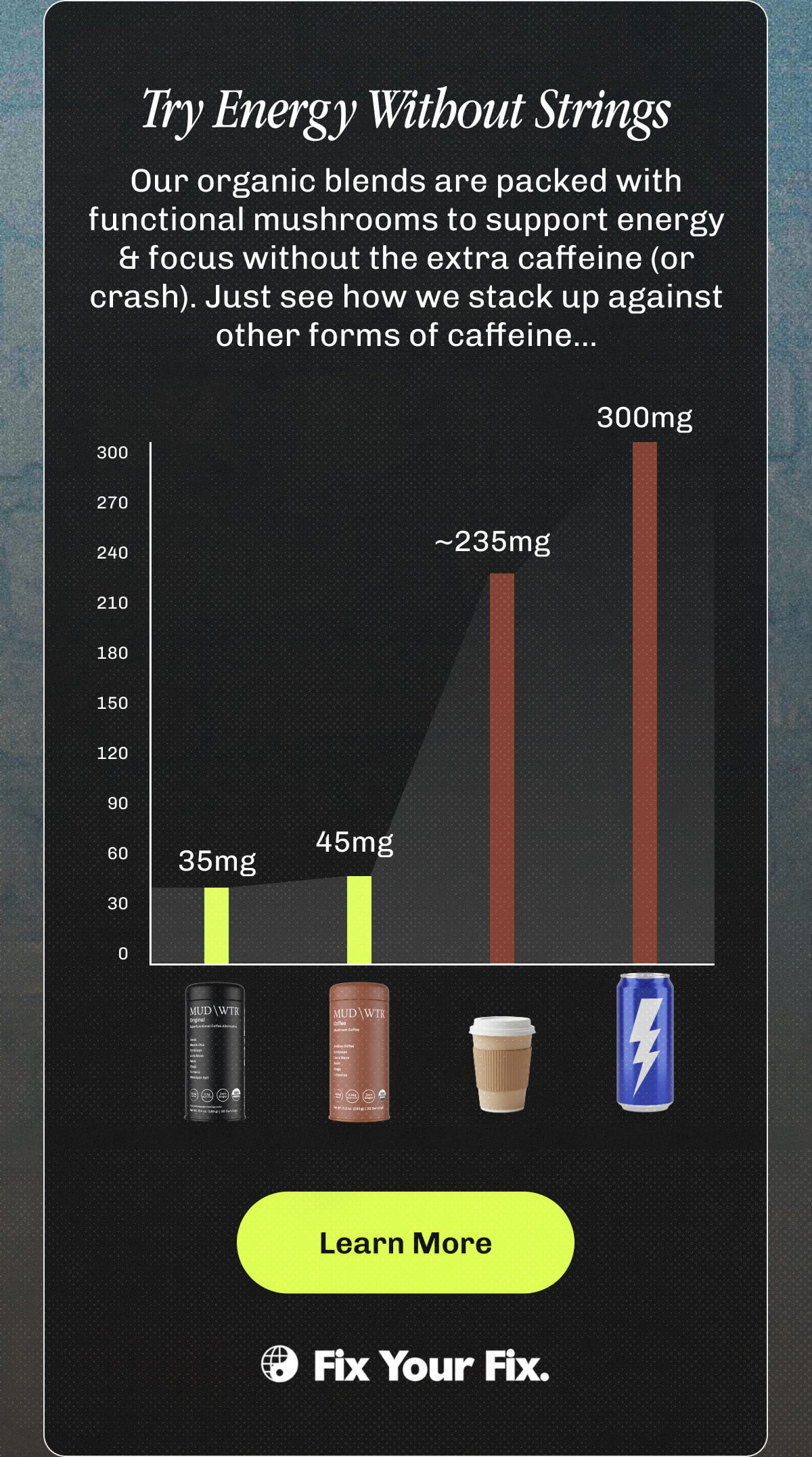 Try Energy Without Strings | Our organic blends focus on all-natural energy with low-caffeine levels to ensure longevity, without the crash. | Just see how we stack up against other forms of caffeine... | Learn More
