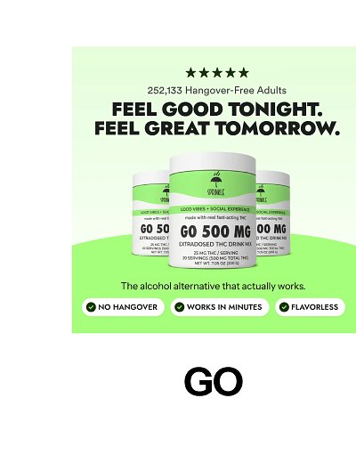 252,133 Hangover-Free Adults Feel good tonight. Feel great tomorrow. GO 500 MG No hangover Works in minutes Flavorless GO