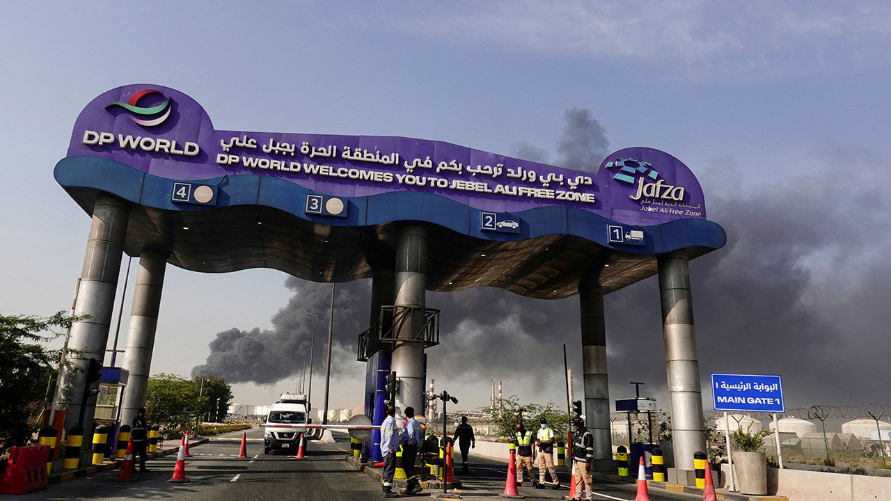 Smoke billows from Jebel Ali port after an Iranian attack, in Dubai, United Arab Emirates, March 1st 2026