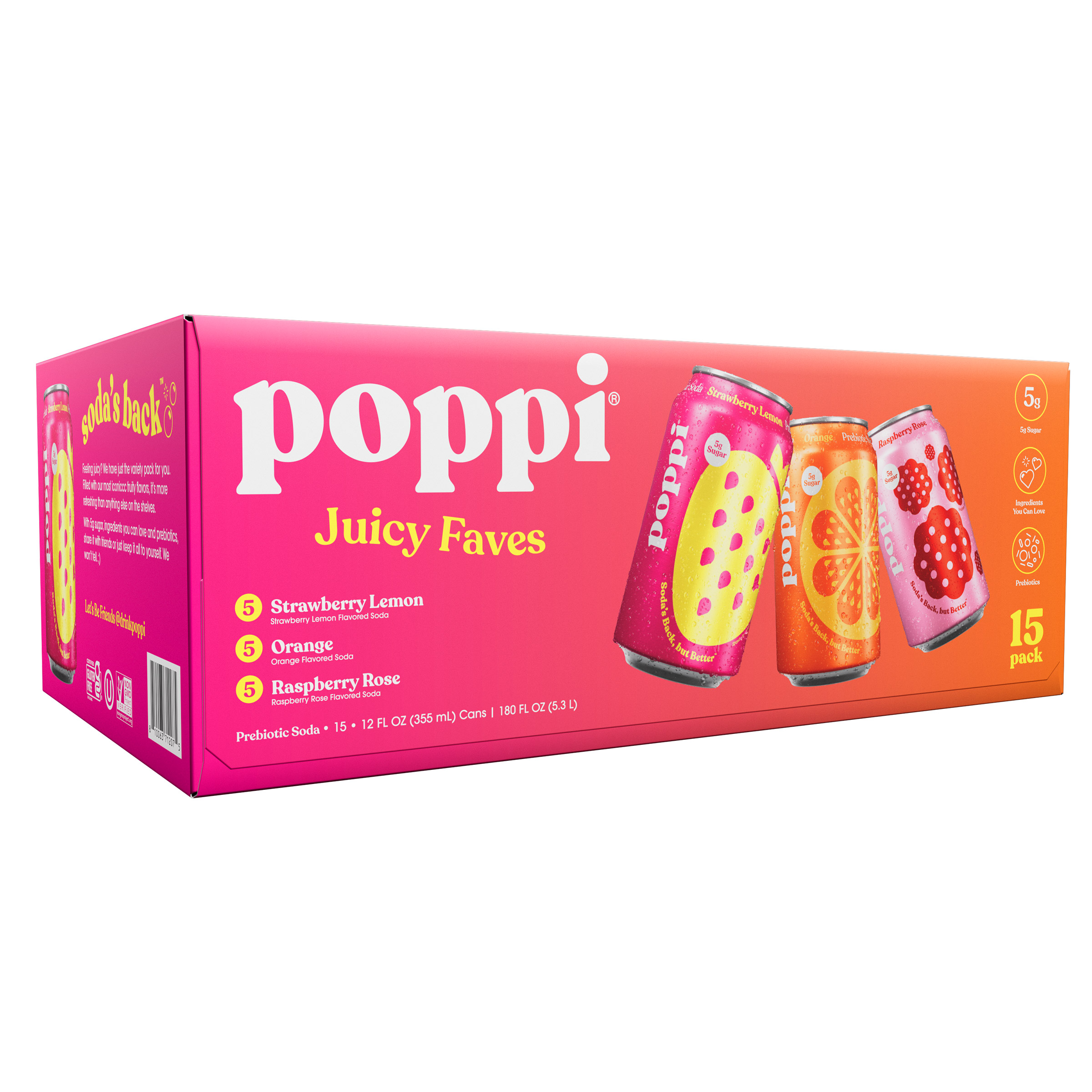 Poppi Soda Juicy Faves, Variety Pack, 12 fl oz, 15-Count