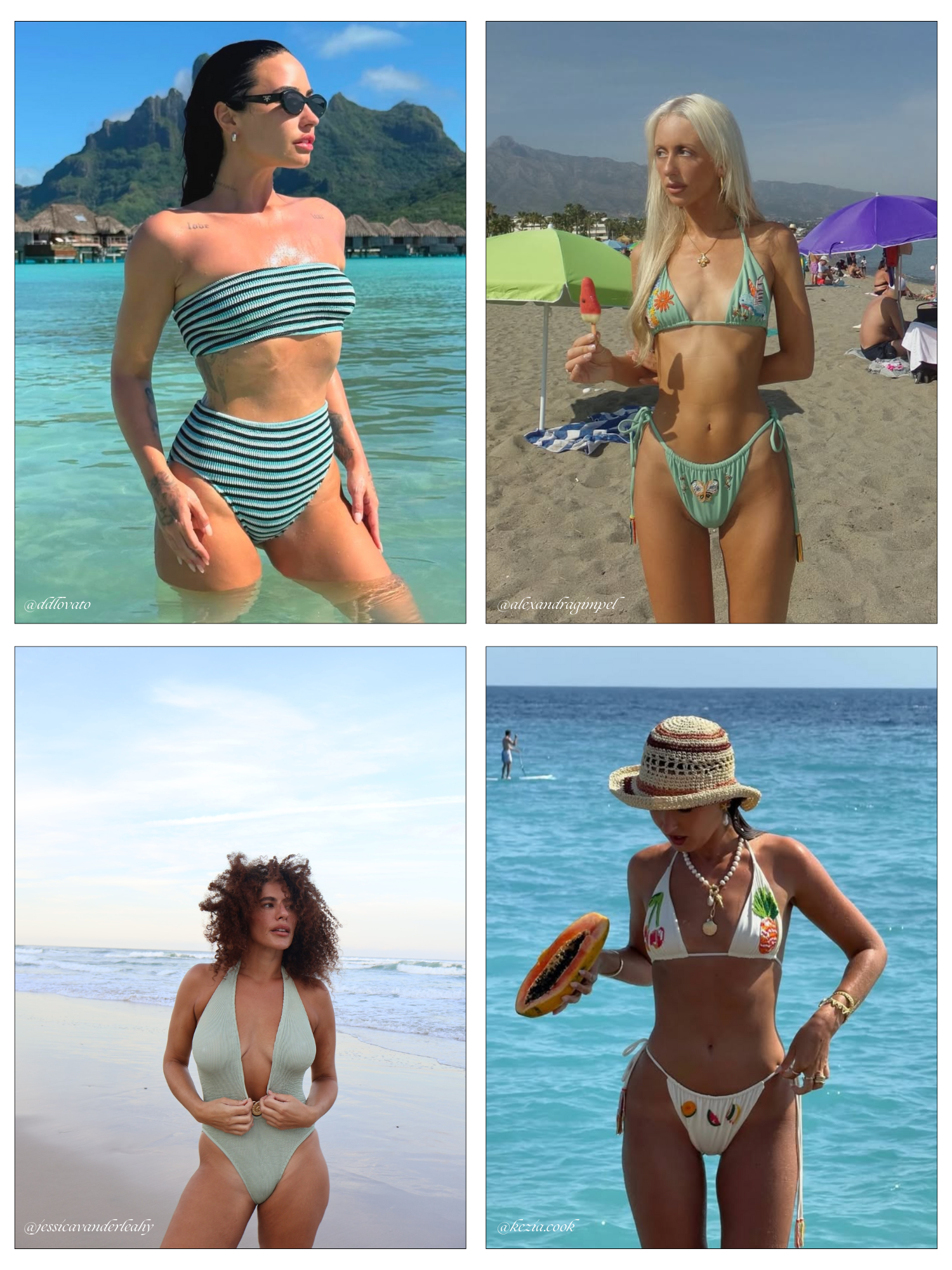 model wearing beaded bikini and blue floral bikini