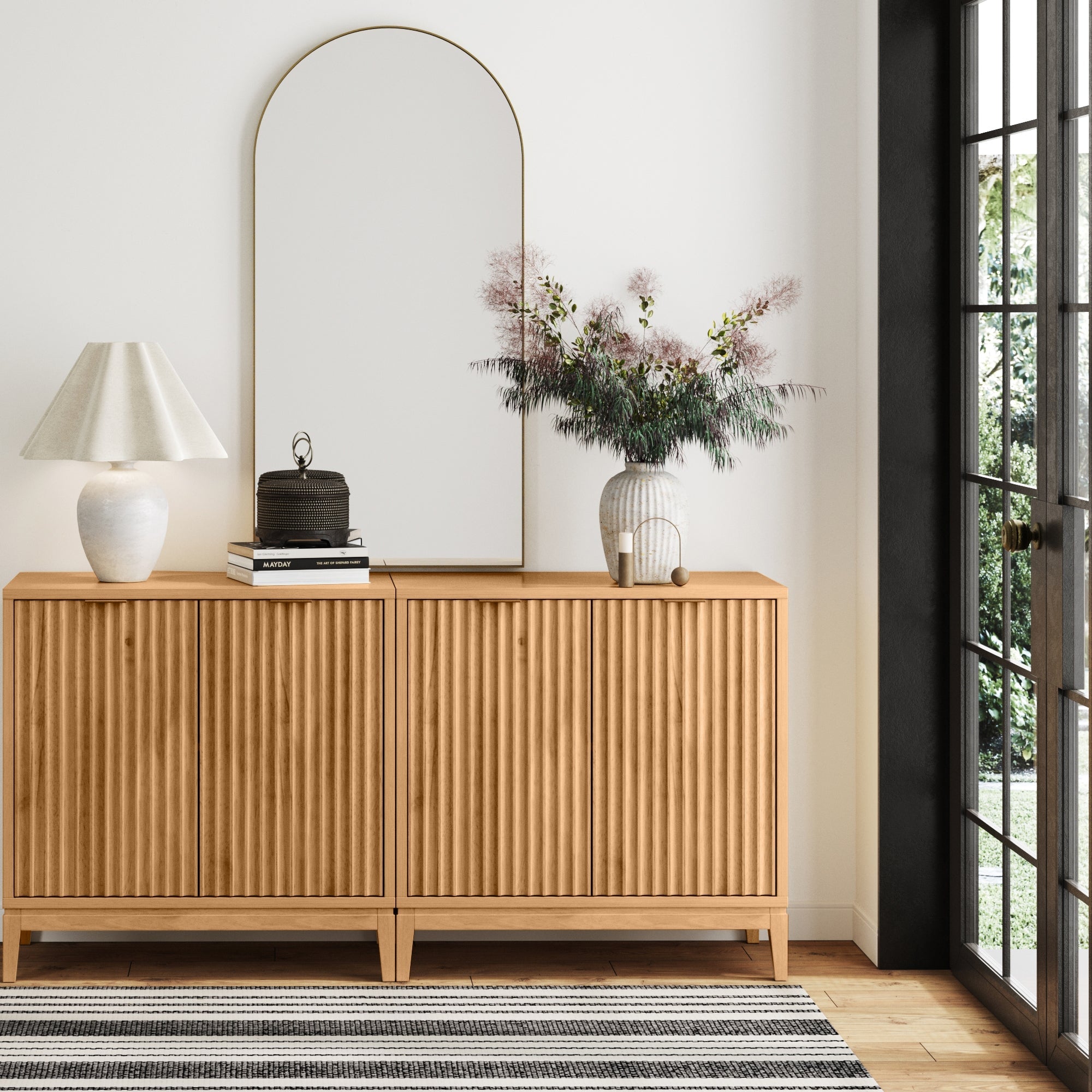 Image of Mid-Century Fluted Storage Cabinet Credenza Warm Pine (Set of 2)