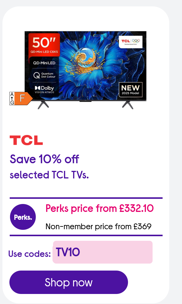 Save 10% off selected TCL TVs