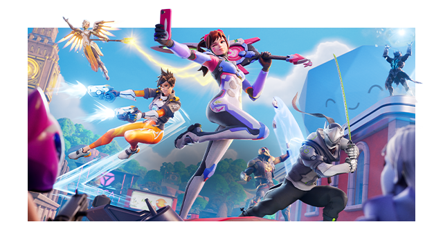 Art for Fortnite showcasing Overwatch Heroes in an aerial battle to promote the Showdown in Act III.