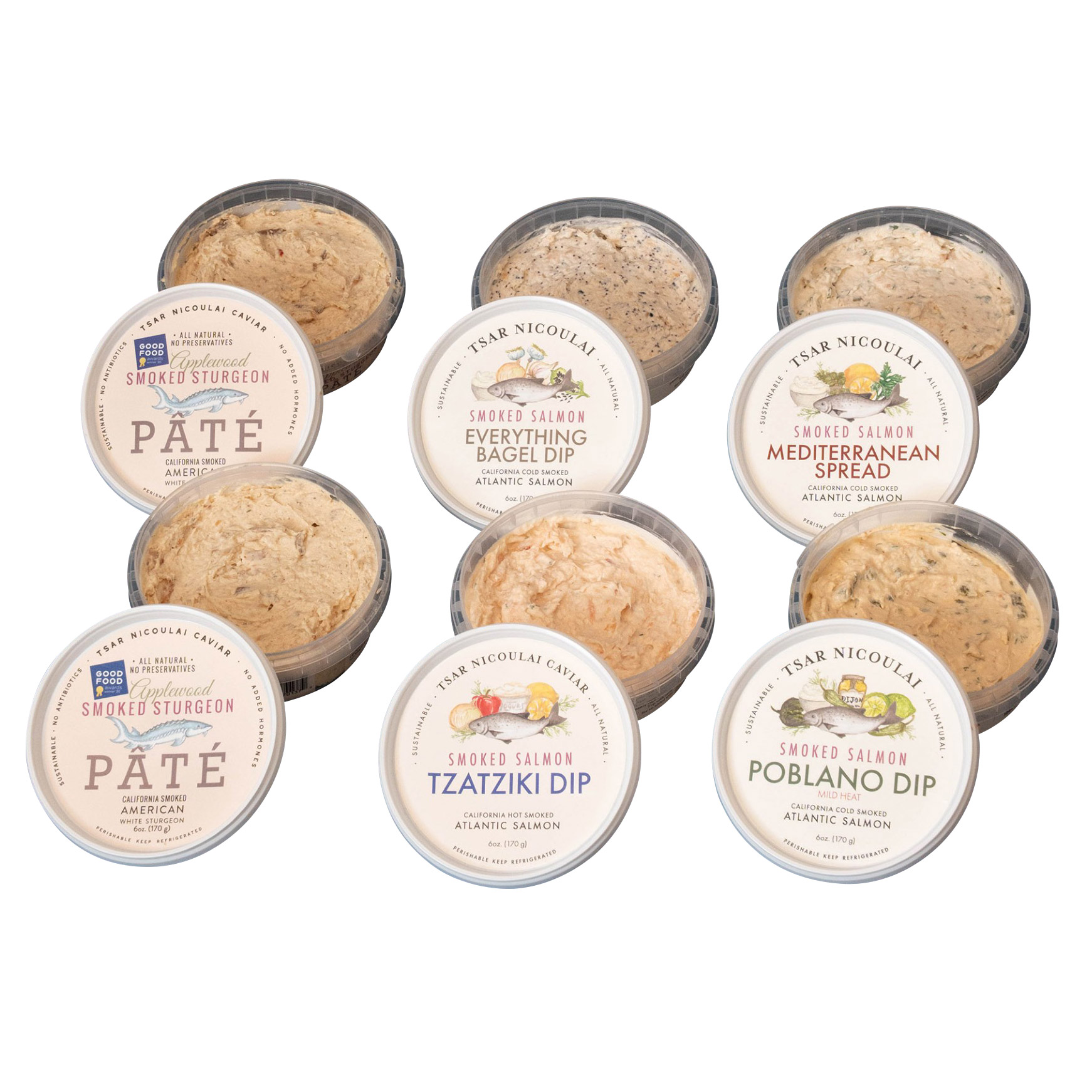 Tsar Nicoulai Smoked Sturgeon Pate and Salmon Dip Variety 6-Pack, 6 oz Each