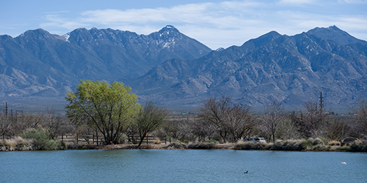 A scenic landscape of still waters, bare trees, and tall mountains, another location along the Juan Bautista de Anza National Historic Trail